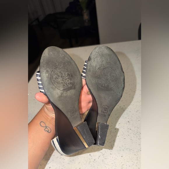 Tory Burch Black and White Striped Ankle Strap Heels - Picture 7 of 11